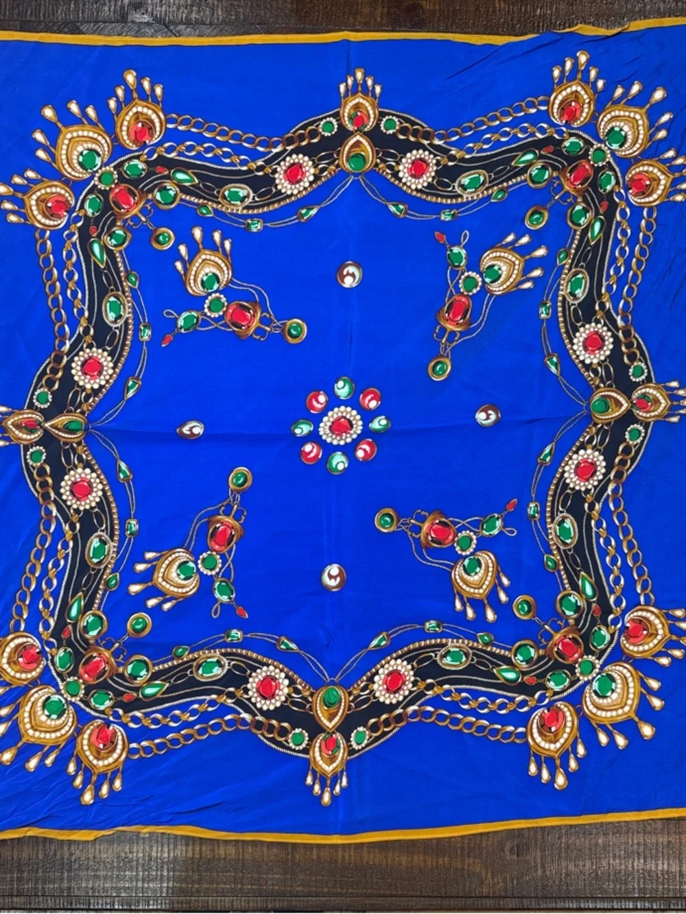 Vintage Style Blue Satin Scarf Top Jewel‎ Chain Print Festival Boho 34x34